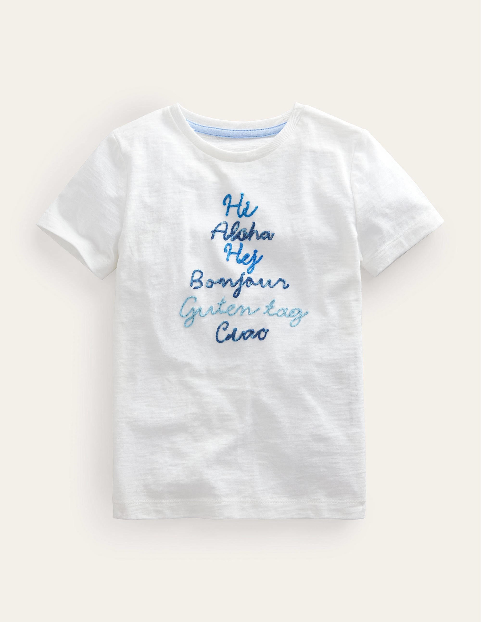 T-Shirt mit Kettenstich und Spruch-Naturweiß Hello-Motiv - Image 1