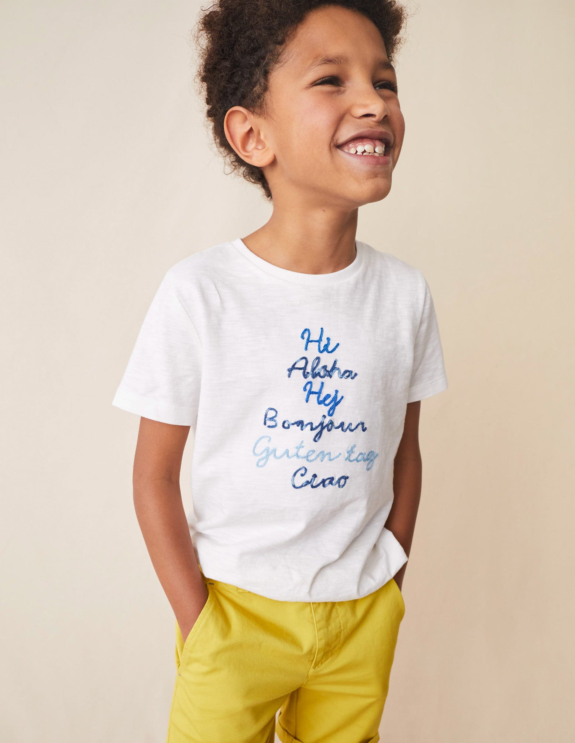 T-Shirt mit Kettenstich und Spruch-Naturweiß Hello-Motiv-4