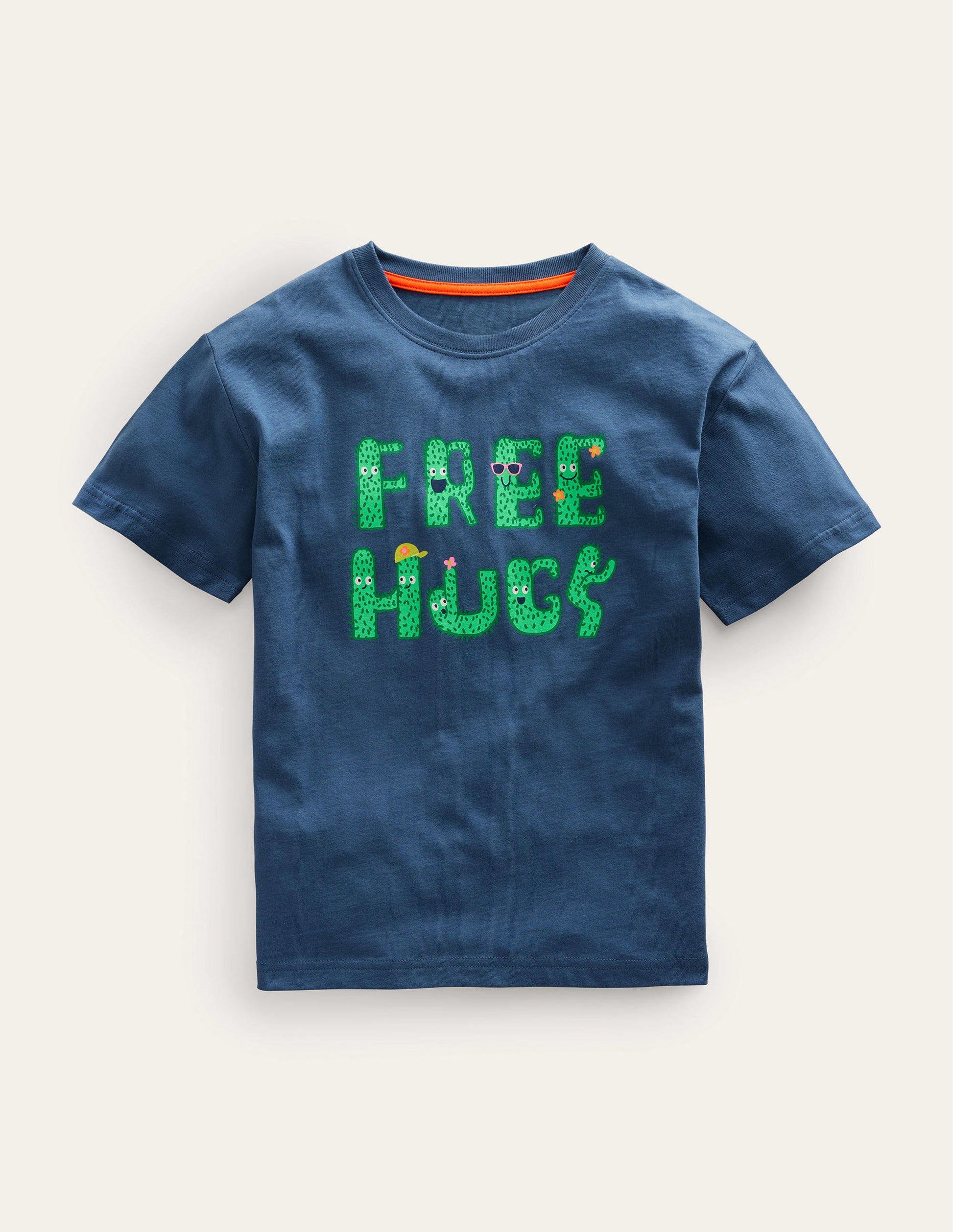 T-Shirt mit Spruch-Roboterblau, Free Hugs-1