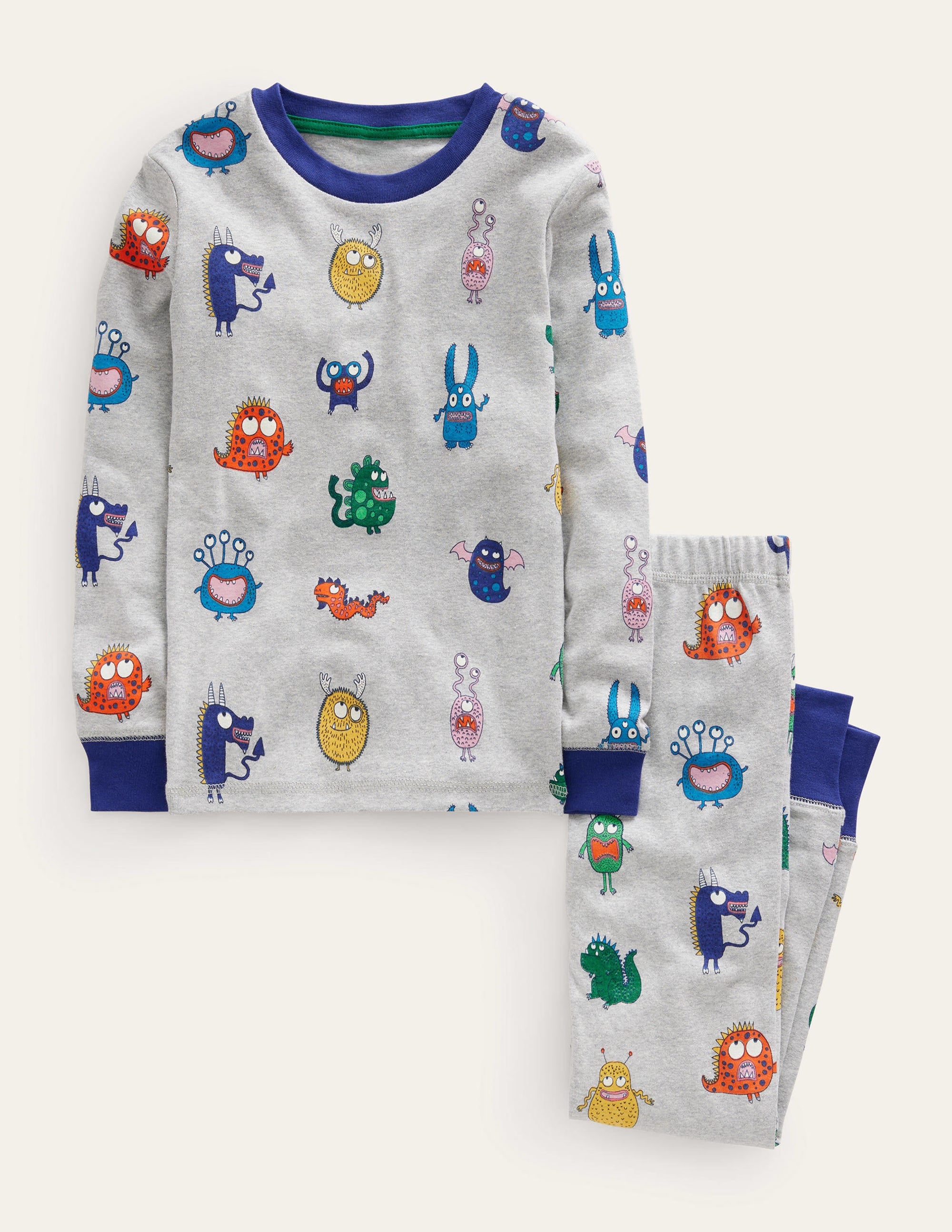 Eng anliegender, langer Schlafanzug-Grau Meliert Monster - Image 1