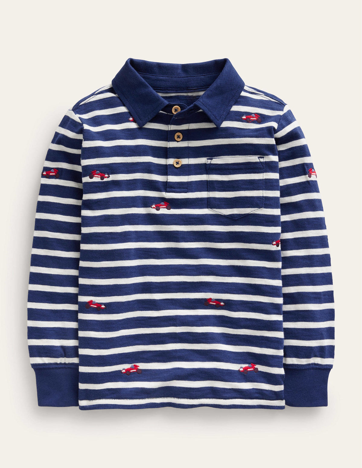 Flammgarn-Poloshirt mit Stickerei-Naturweiß/Marineblau Autos-1