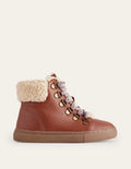 Flauschige Schnürstiefel aus Leder-Hellbraun