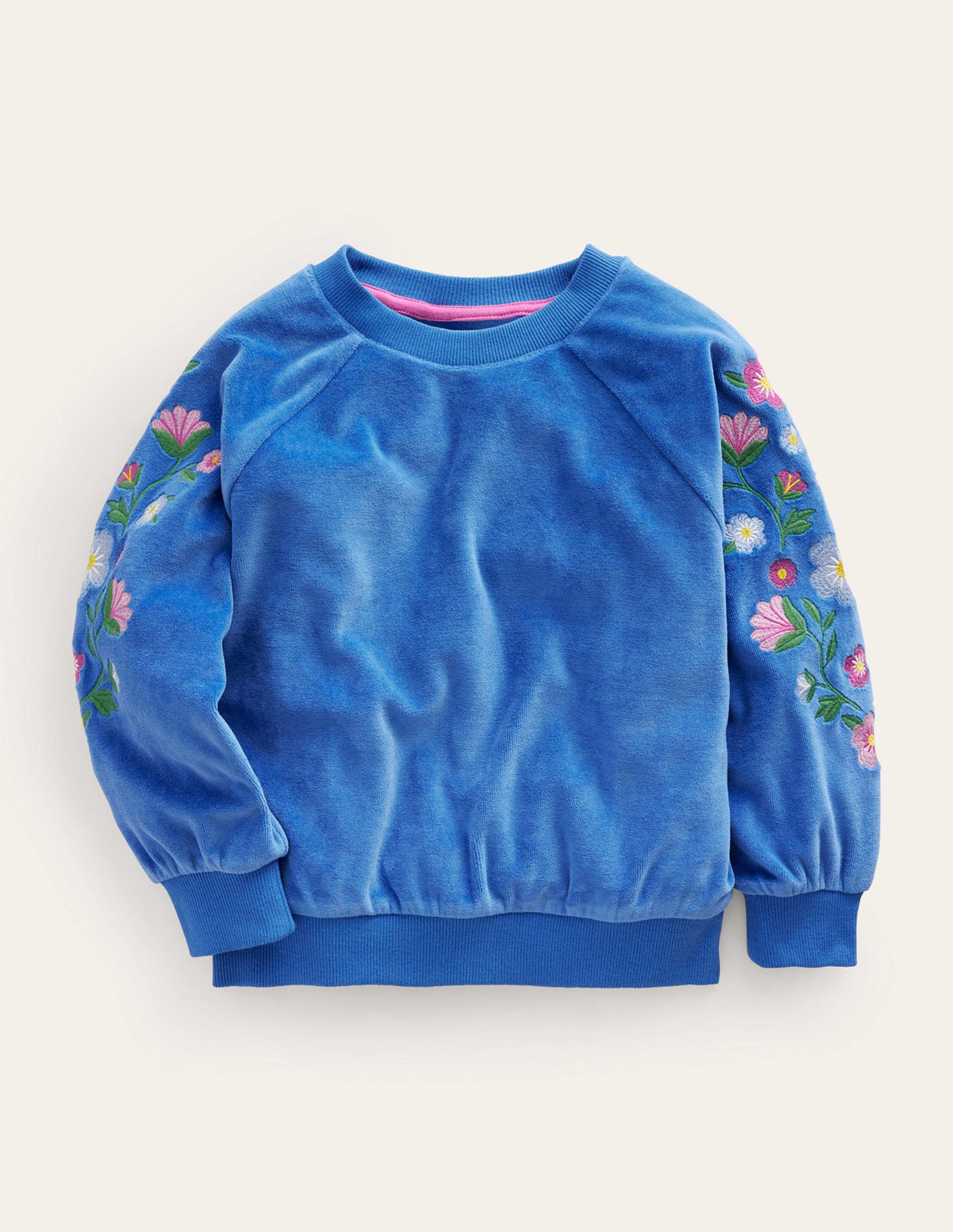 Sweat brodé en velours-Motif floral bleu de Delft-1