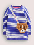 Tunika mit applizierter Tasche-Blau/Naturweiß Hund
