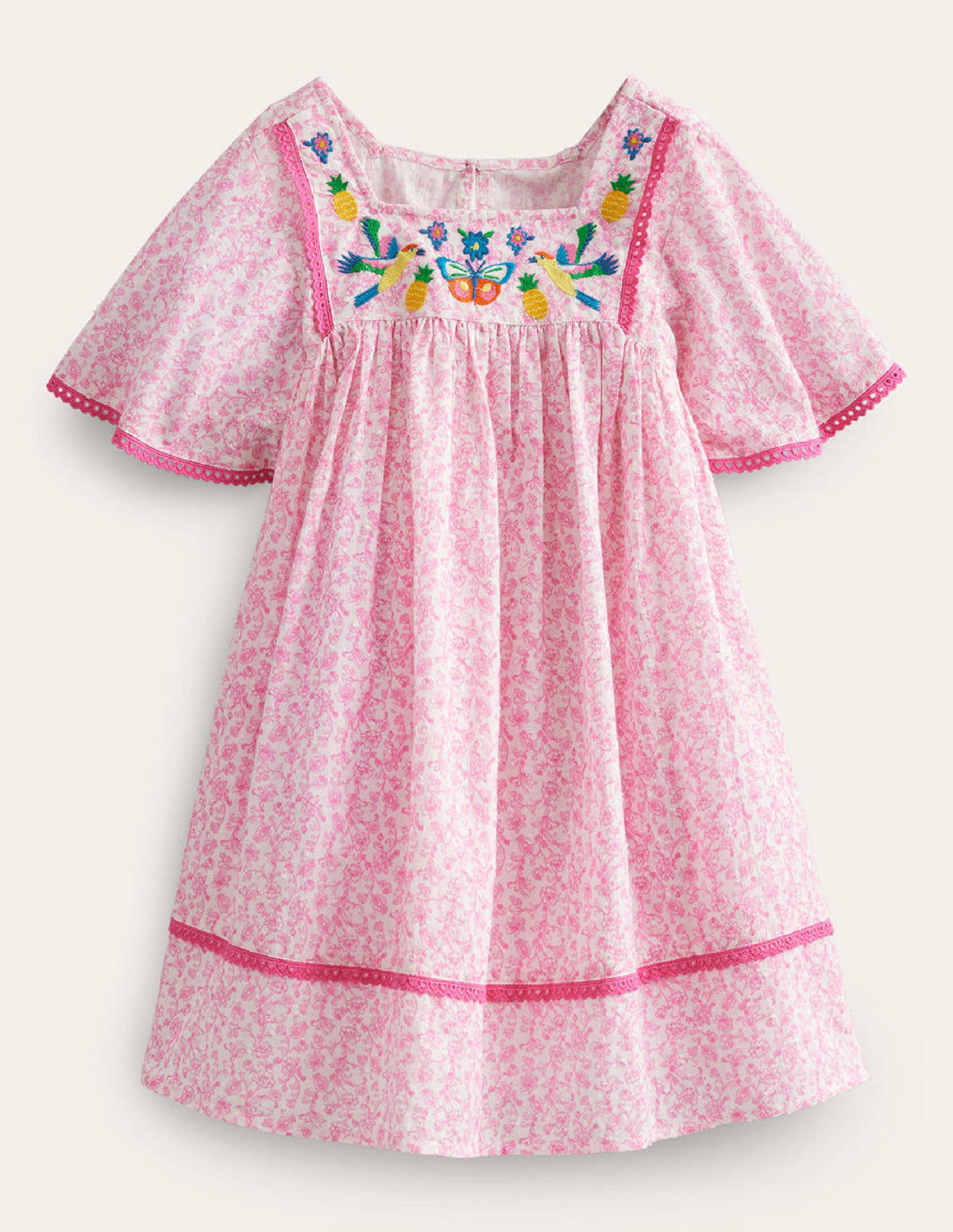 Luftiges Kleid mit Stickerei-Festivalrosa Sommer Weinrebe-1