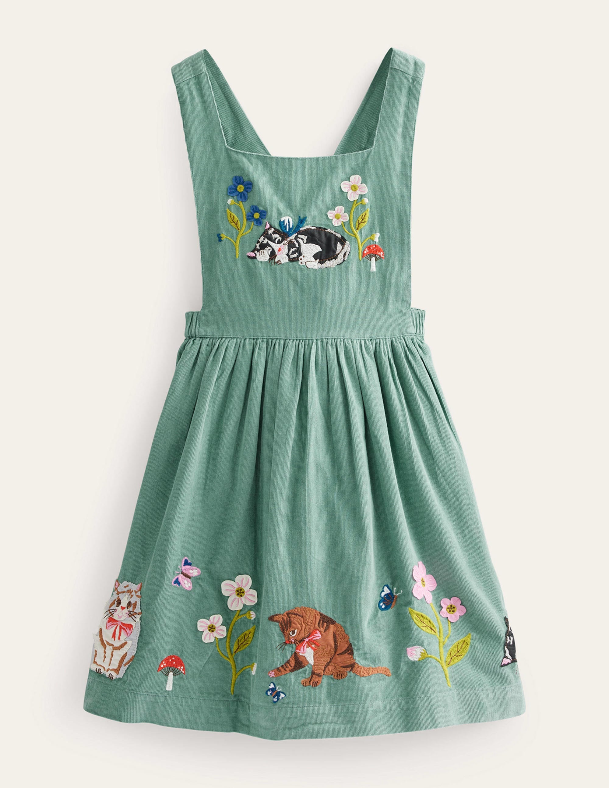 Robe chasuble en velours côtelé à appliqué-Chats vert fumée - Image 1