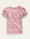 Pointelle-Oberteil mit Puffärmeln-Vintage Rosa