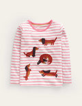 T-Shirt mit Puffärmeln und Applikation-Rosa/Naturweiß Hunde