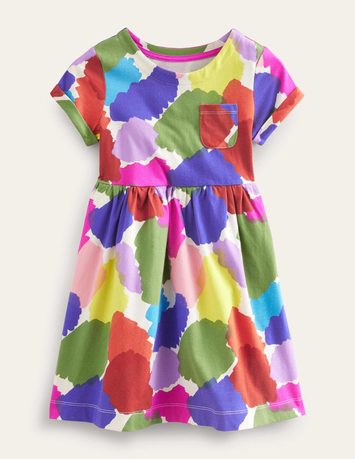 Lustiges Jerseykleid mit kurzen Ärmeln-Bunt Farbkleckse-1