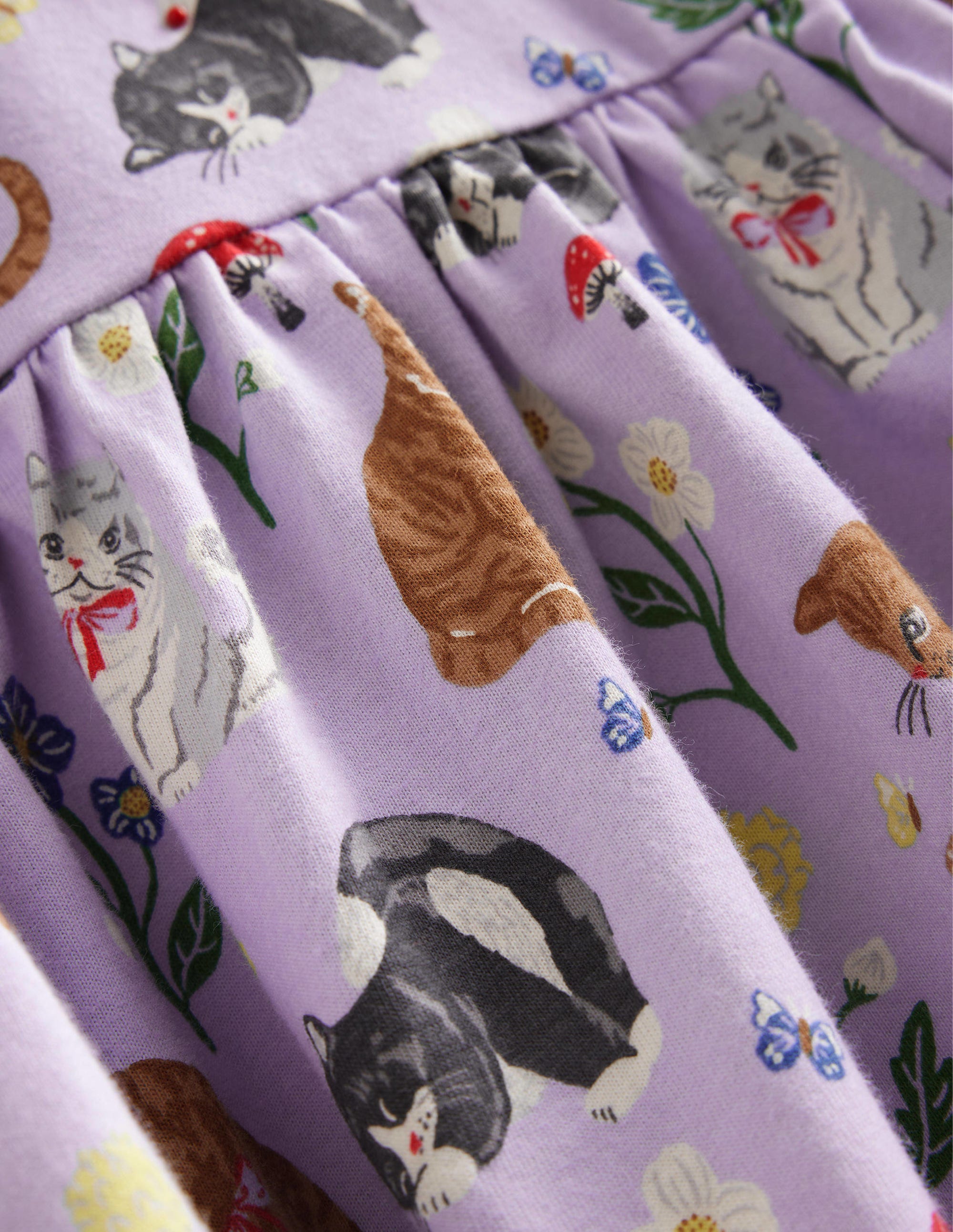Short-sleeved Fun Jersey Dress-Light Purple Cats - Image 3