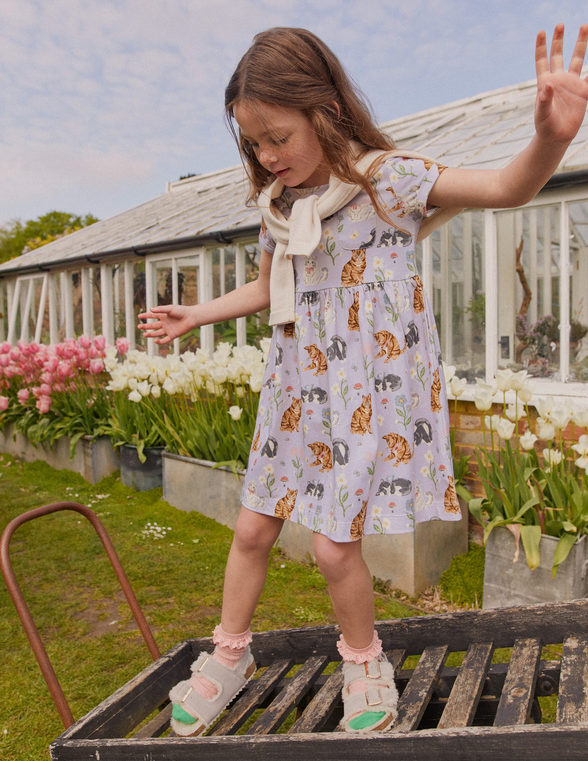 Short-sleeved Fun Jersey Dress-Light Purple Cats - Image 4