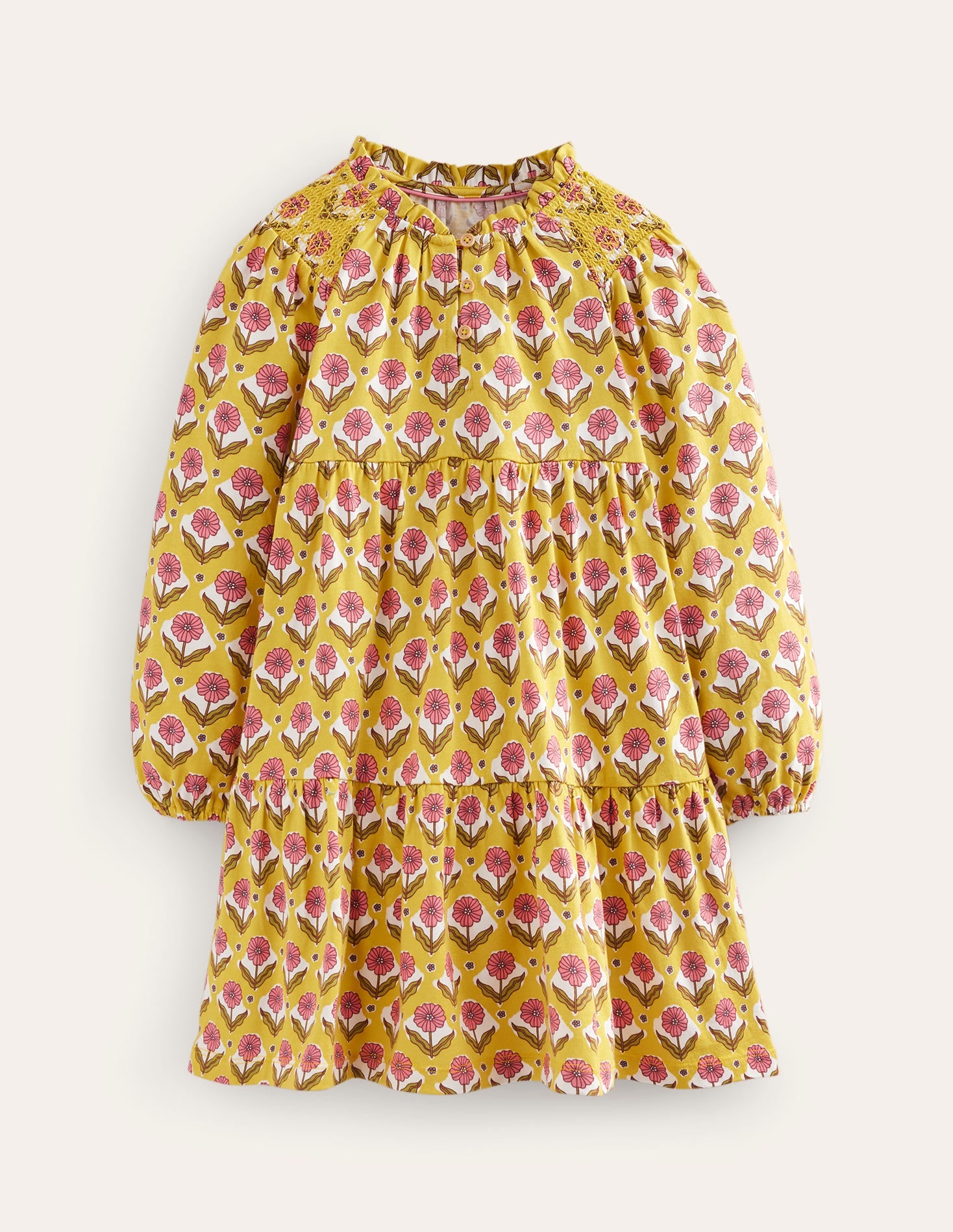 Tiered Jersey Dress-Sweetcorn Yellow Floral-1