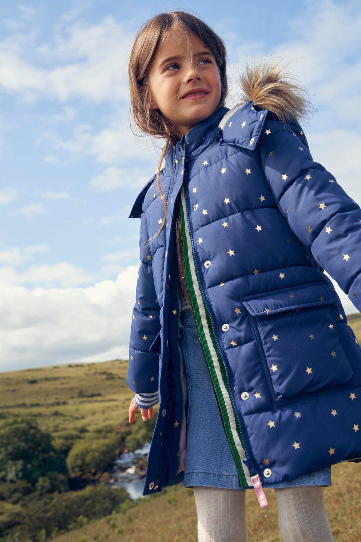 Longline Padded Coat-Navy Foil Stars-5