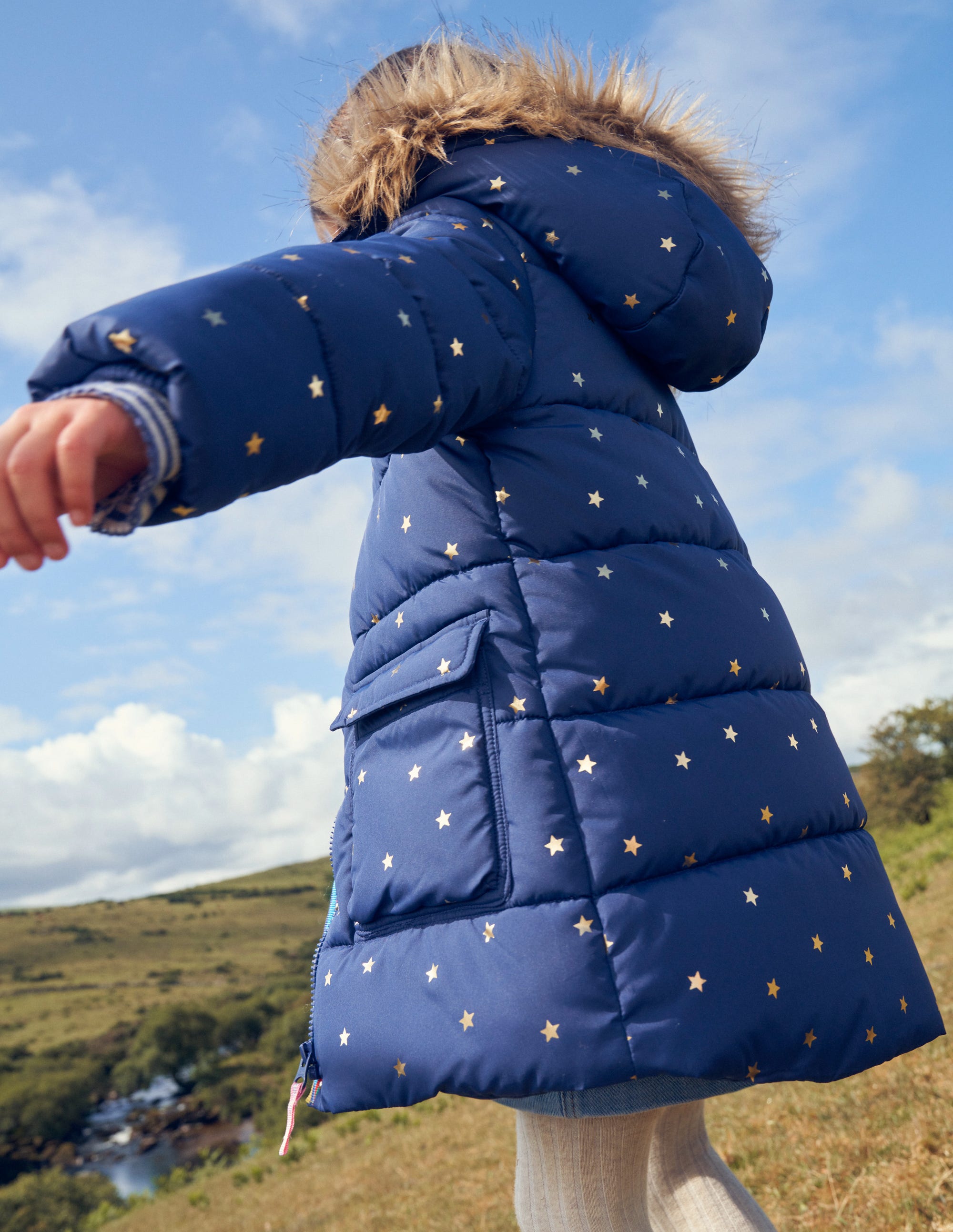 Longline Padded Coat-Navy Foil Stars - Image 6