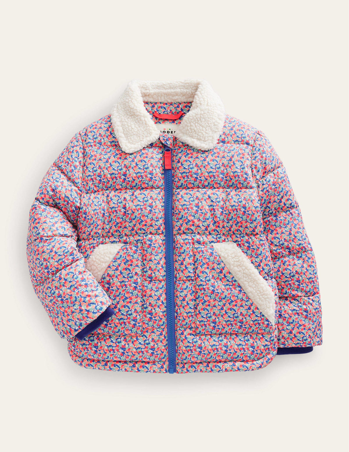 Wattierte Jacke mit Borg-Detail-Marmeladenrot Florales Mikro-Muster-1