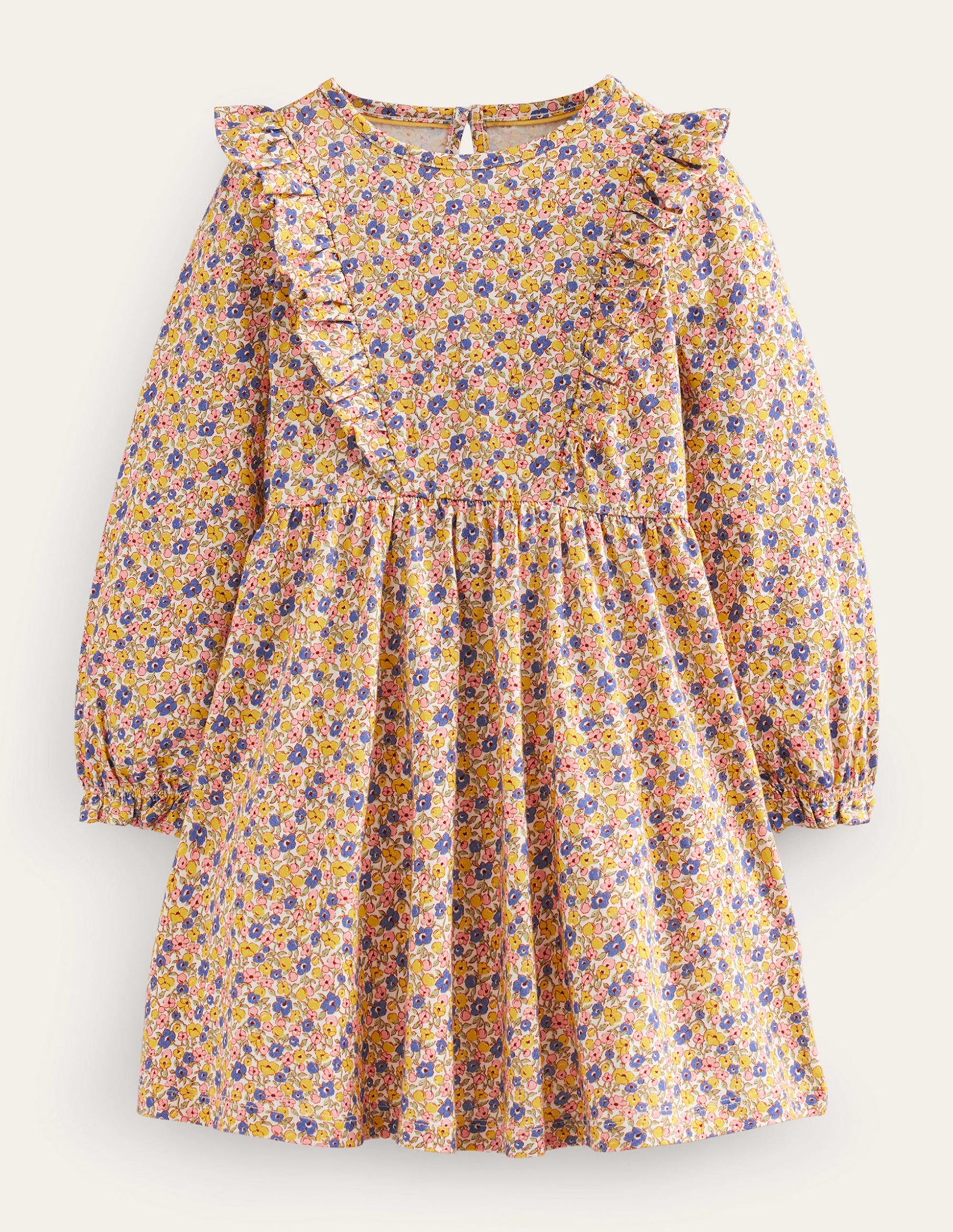 Rüschenkleid mit langen Ärmeln-Bunt Kleines Blumenmuster-1