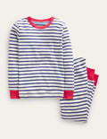 Eng anliegender, langer Schlafanzug mit Streifenmuster-Naturweiß/Marineblau Breton