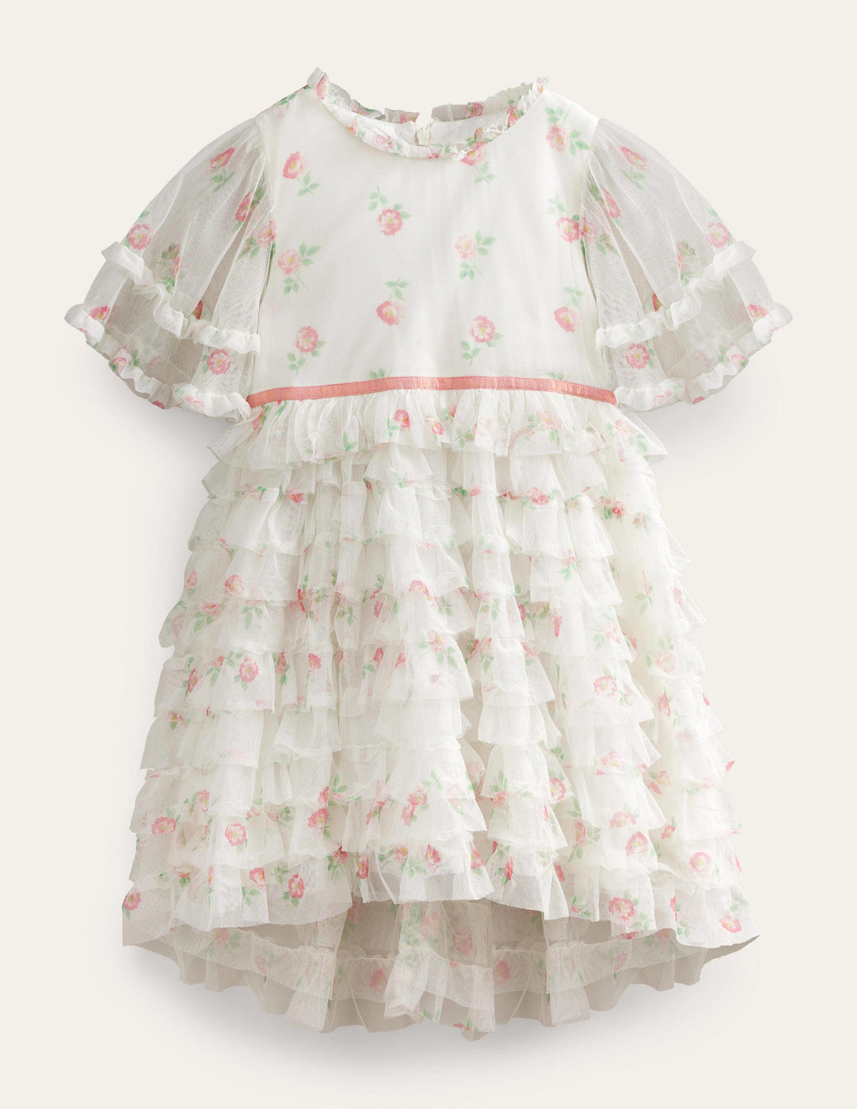 Gerüschtes Tüllkleid mit abfallendem Saum-Naturweiß, Kleines Vintage-Blumenmuster - Image 1