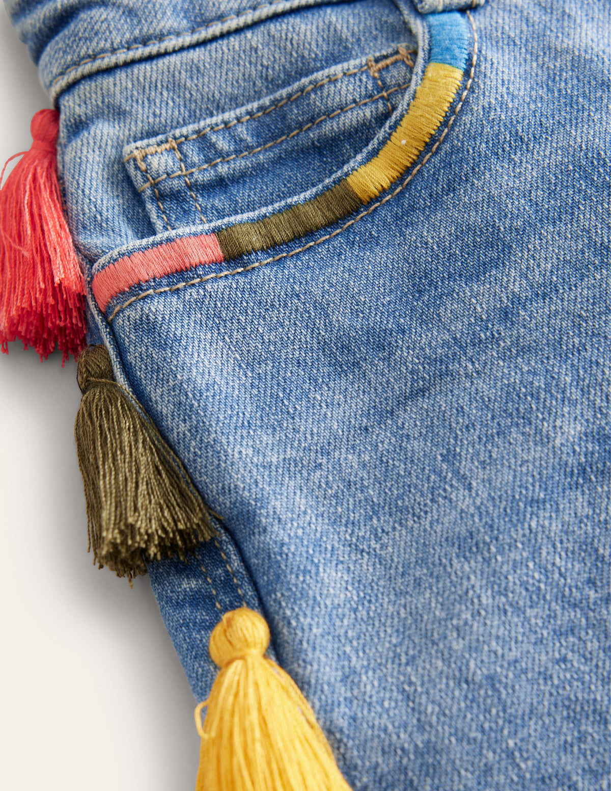 Denim-Shorts mit Quasten-Helles Vintageblau, Gewaschen-3