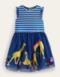 Appliziertes Kleid mit Tüll-Saphirblau/Vanille, Gestreift