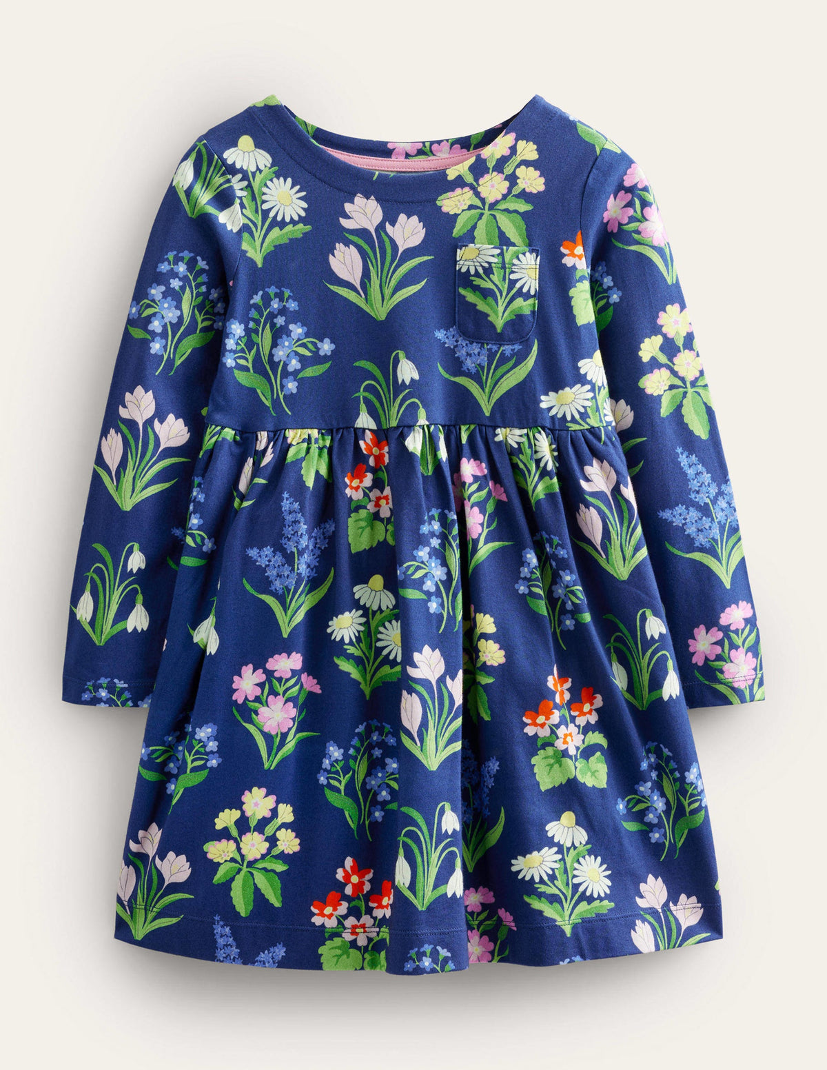 Fröhliches Jerseykleid mit langen Ärmeln-Schuluniform-Navy, Wildblumen-1