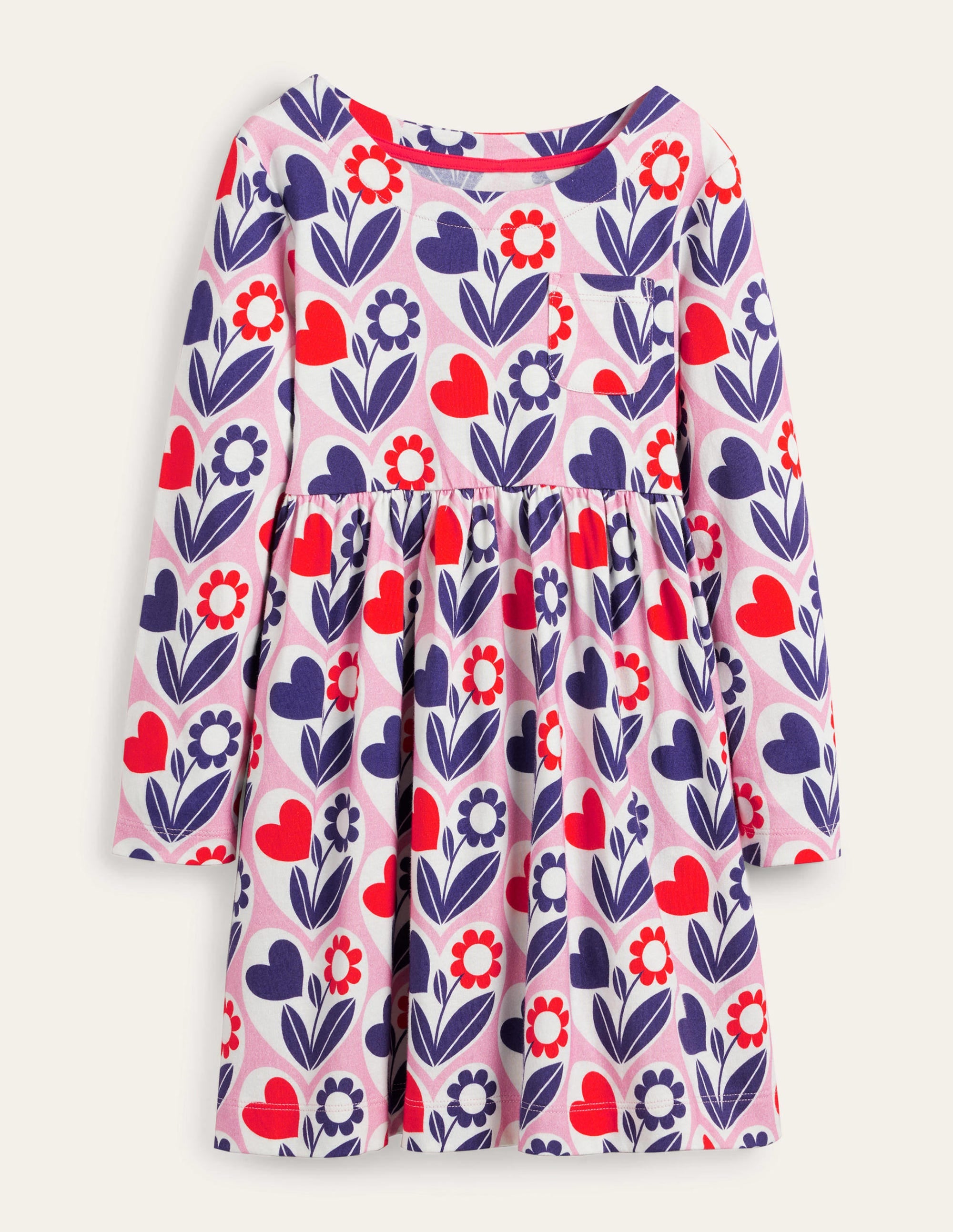 Fröhliches Jerseykleid mit langen Ärmeln-Hellrosa, Blumen-Herzen - Image 1
