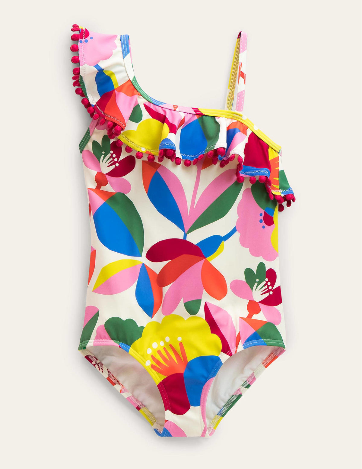 Maillot de bain asymétrique à volants-Ivoire et motif floral multi-1