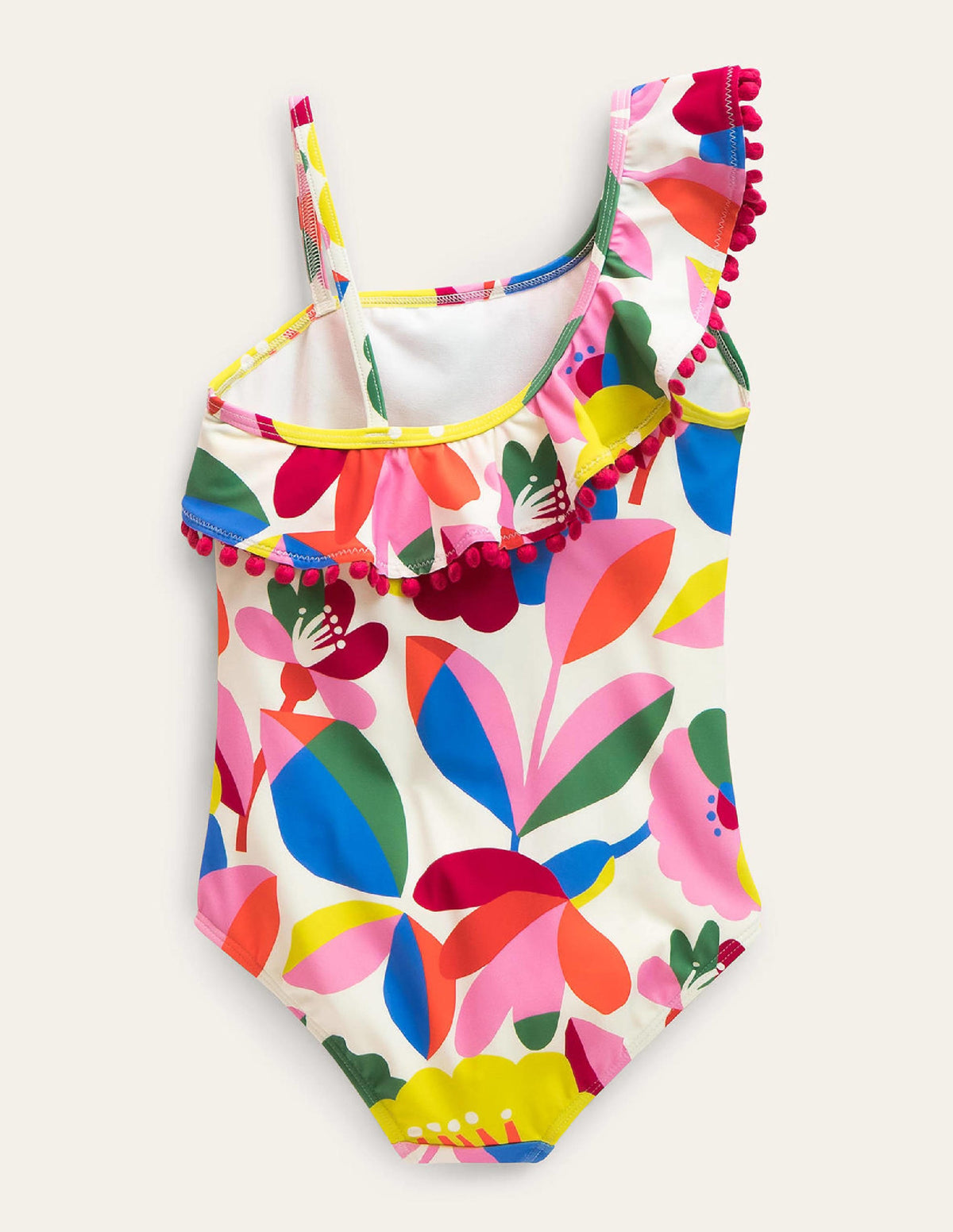 Maillot de bain asymétrique à volants-Ivoire et motif floral multi-2