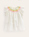 Gewebtes Smokoberteil-Naturweiß Regenbogen Smocking