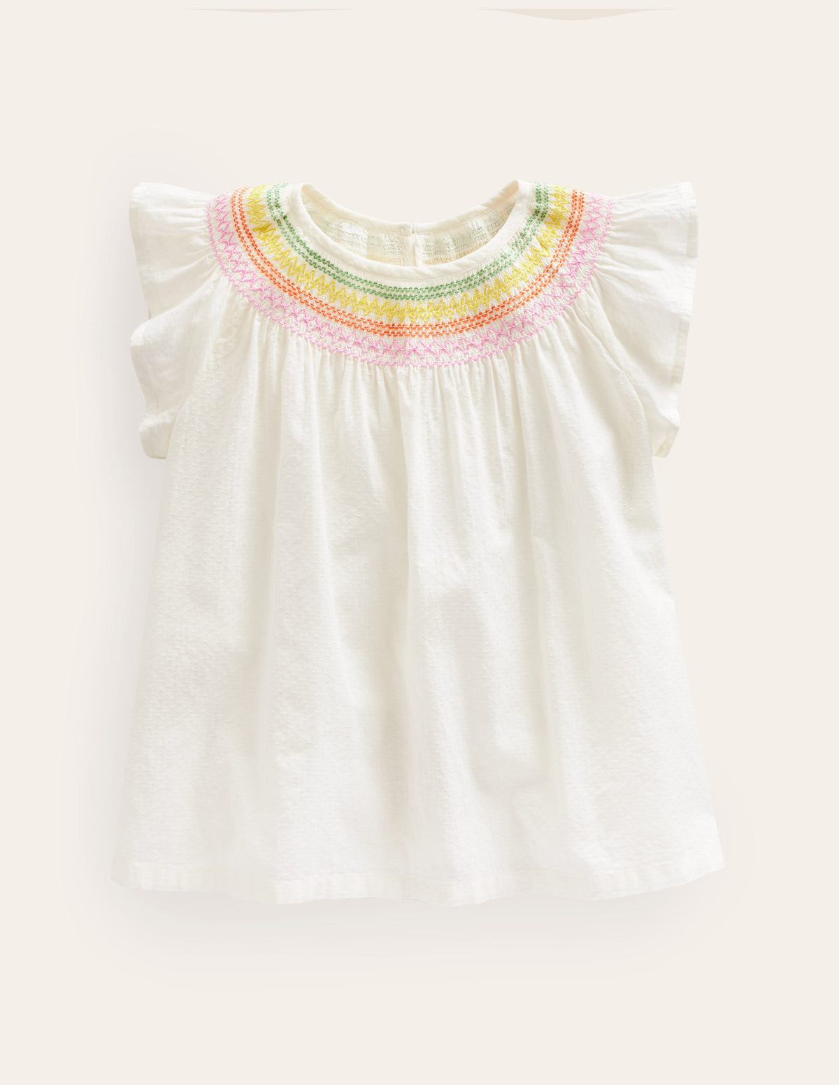 Gewebtes Smokoberteil-Naturweiß Regenbogen Smocking-1