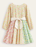 Kleid mit Tellerrock und Schleife-Regenbogenfarben, Mustermix-Blumen