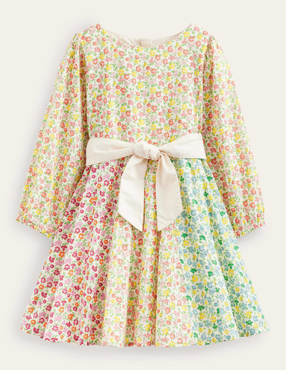 Kleid mit Tellerrock und Schleife-Regenbogenfarben, Mustermix-Blumen-1