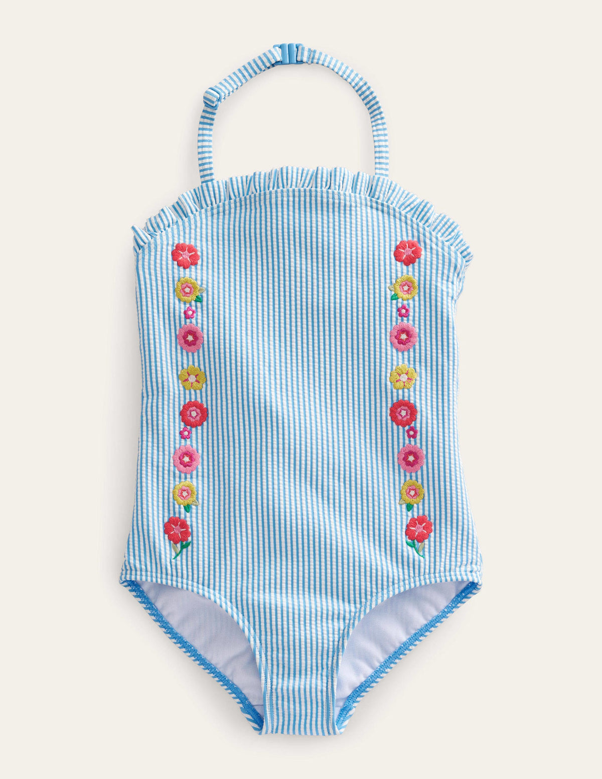 Bandeau-Badeanzug-Naturweiß/Surfbrett-Blau, Gestreift-1