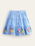 Midirock mit besticktem Saum-Himmelblau, Blumen