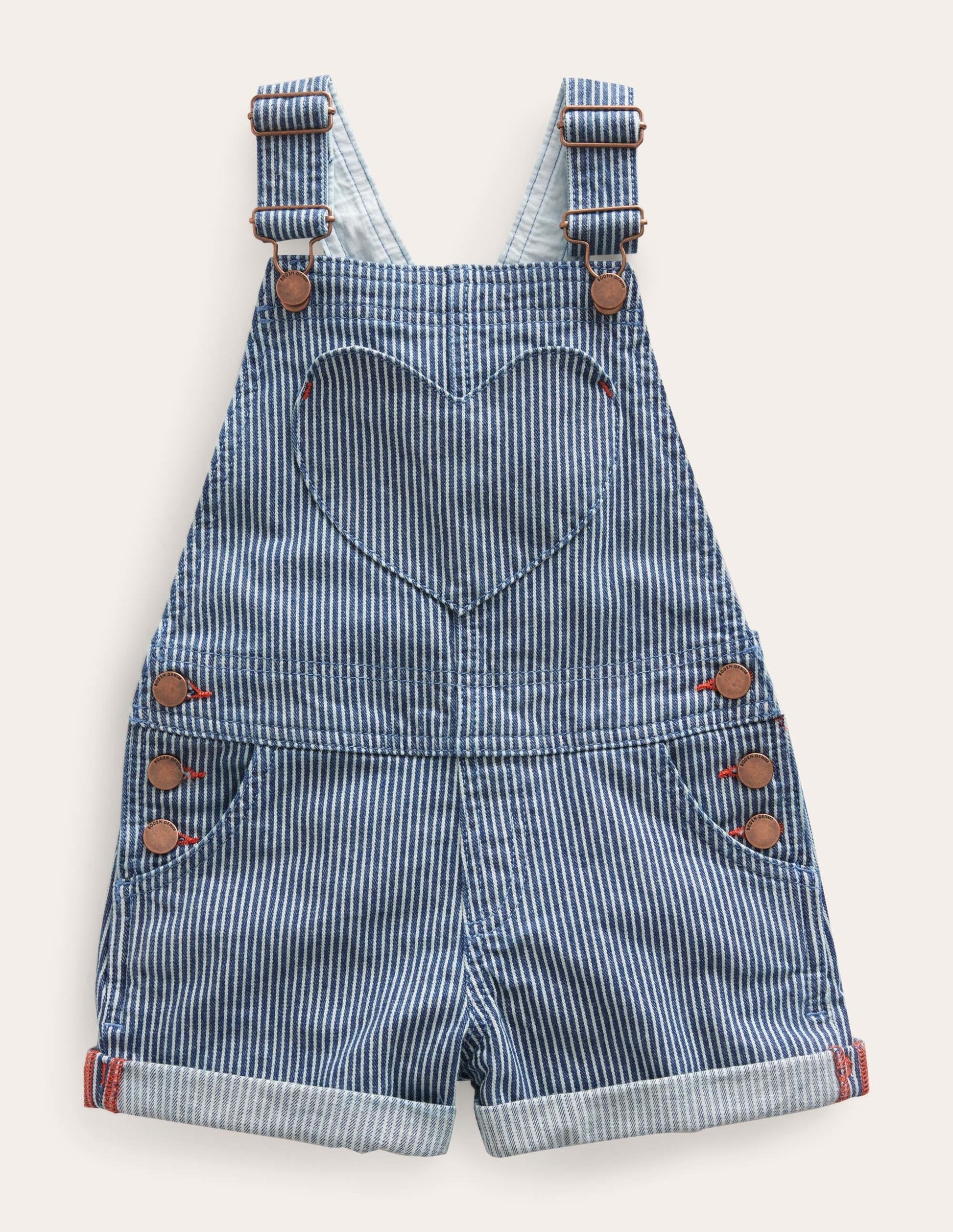 Kurze Latzhose mit Herztaschen-Indigoblau, Feine Streifen-1
