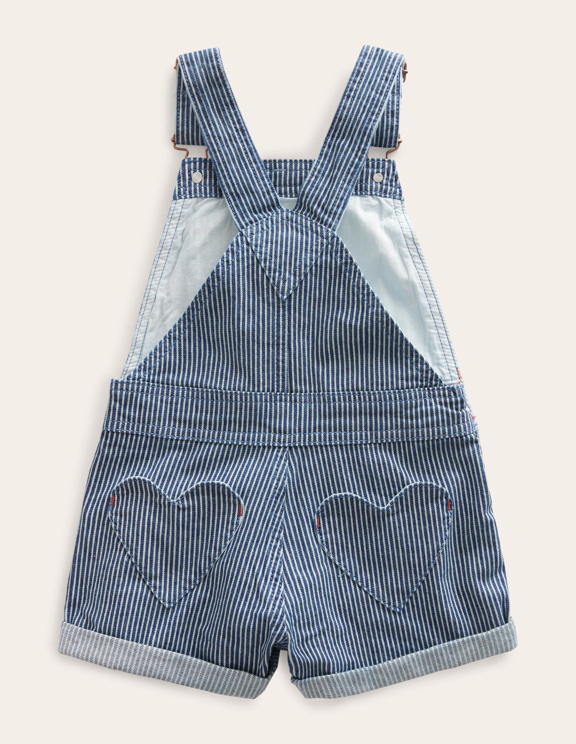 Kurze Latzhose mit Herztaschen-Indigoblau, Feine Streifen-2