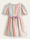 Vintage-Kleid aus Baumwolle und Leinen-Butterblumengelb/Zultanitgrün, Regenbogenstreifen