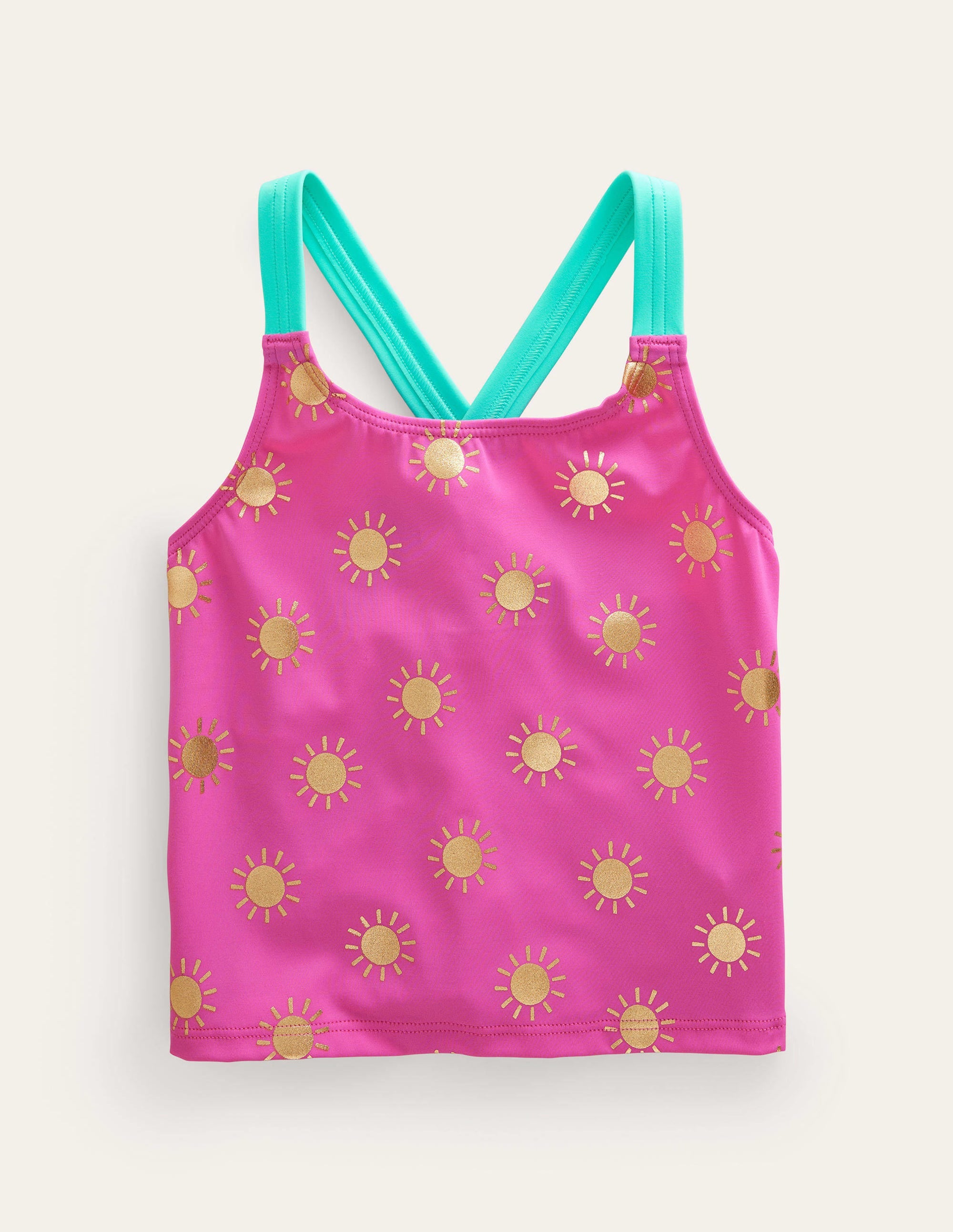 Tankini-Oberteil mit gekreuzten Rückenträgern-Rosarot, Goldfolien-Sonnen - Image 1