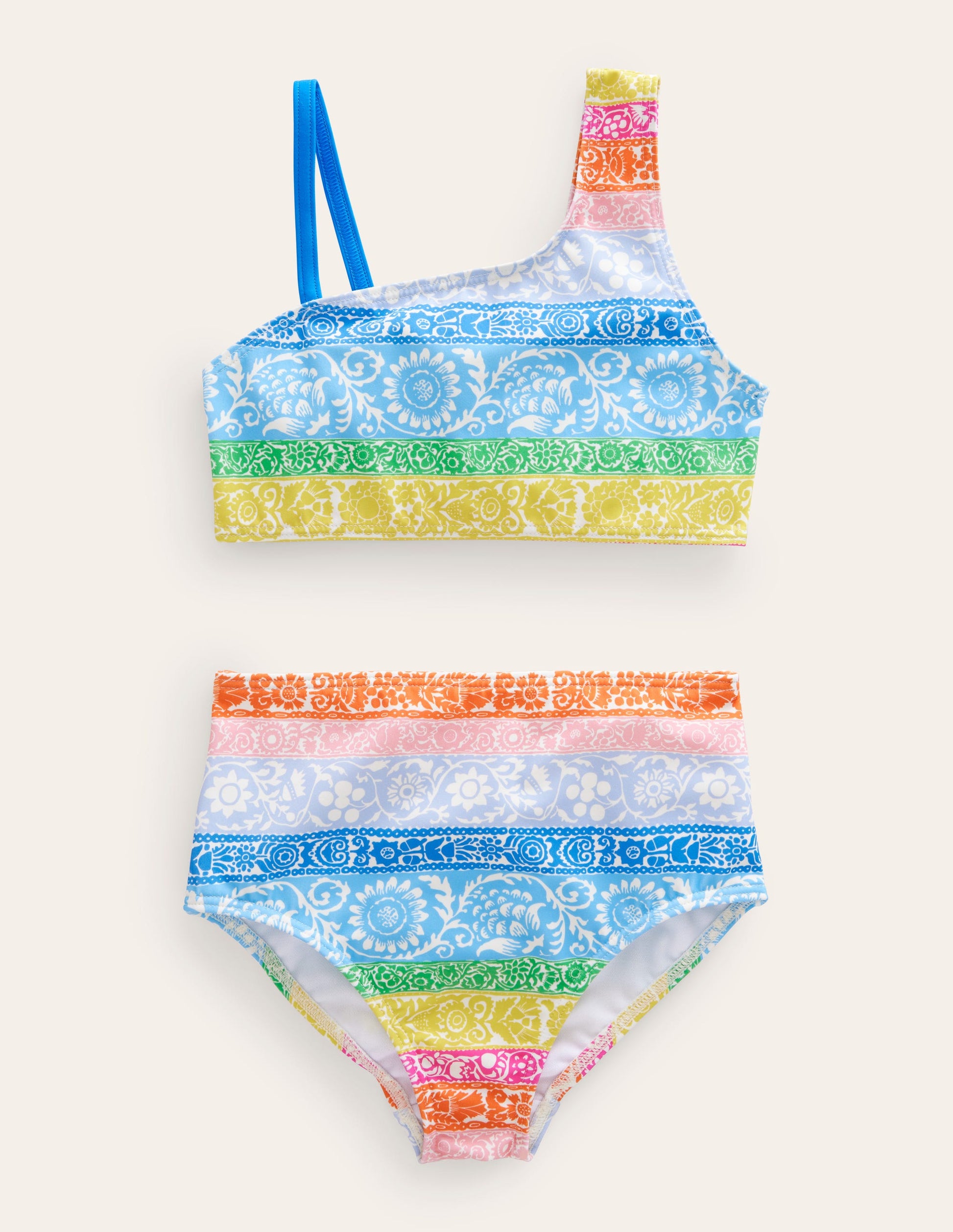 One-Shoulder-Bikini-Naturweiß/Bunt, Tapetenstreifen-1
