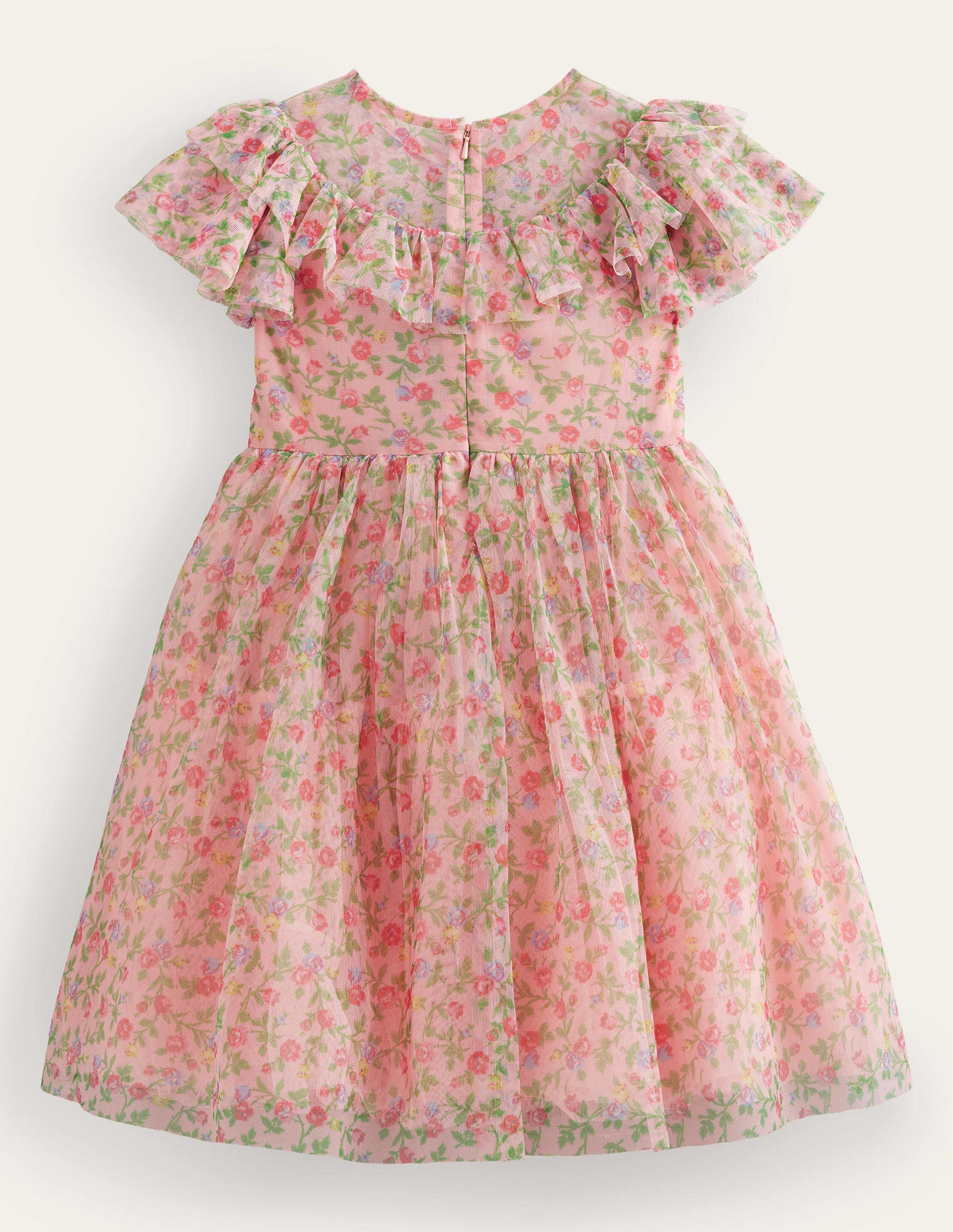 Tüllkleid mit Rüschen-Rosenrosa, Blumenmuster-2