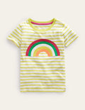 T-Shirt mit Applikation und Quasten-Stachelbeerengelb/Naturweiß