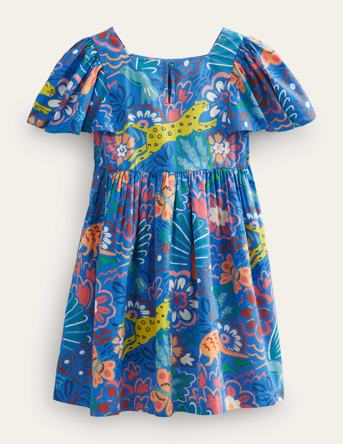 Gemustertes Webkleid-Blau, Blumen/Tiere-2