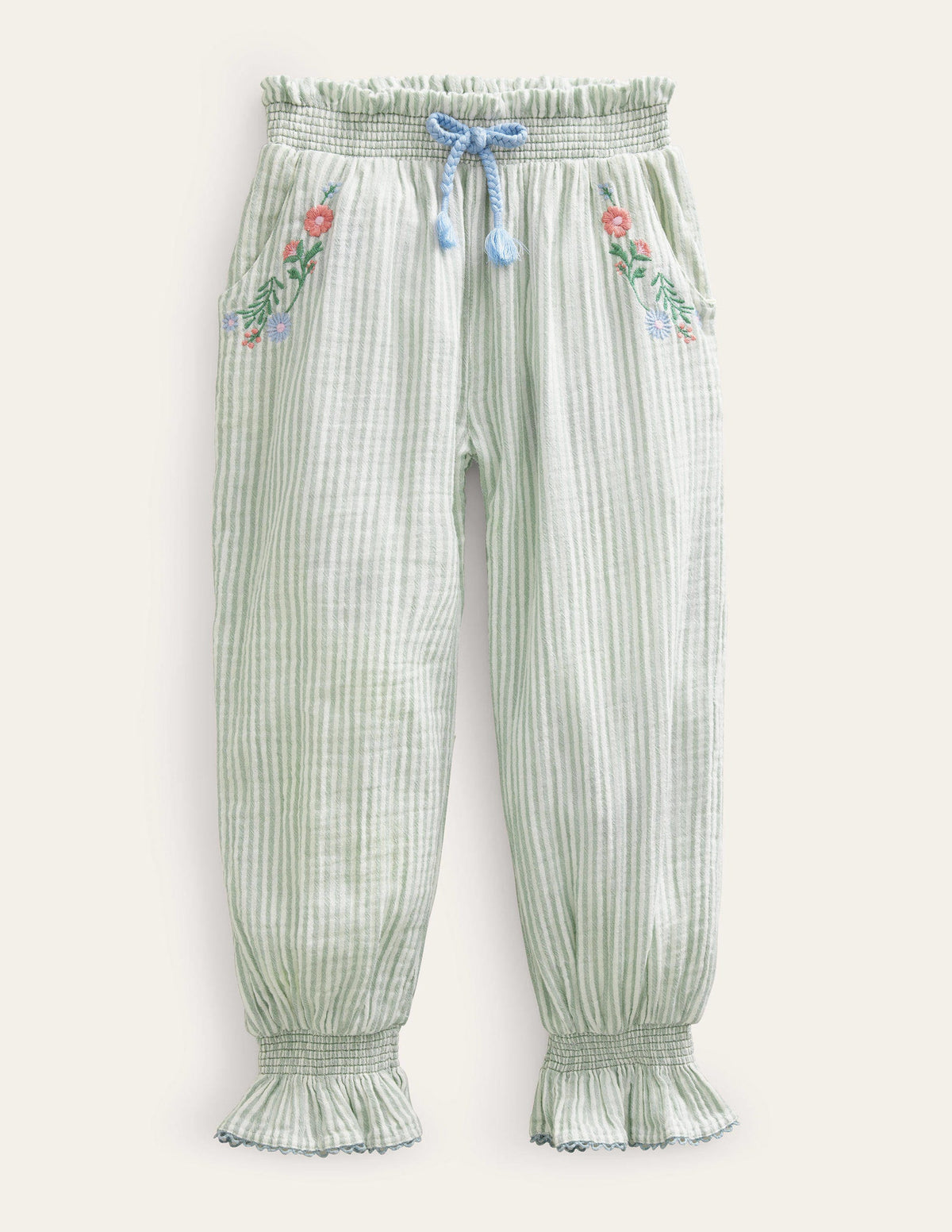 Embroidered Balloon Trousers-Green Embroidered Ticking - Image 1
