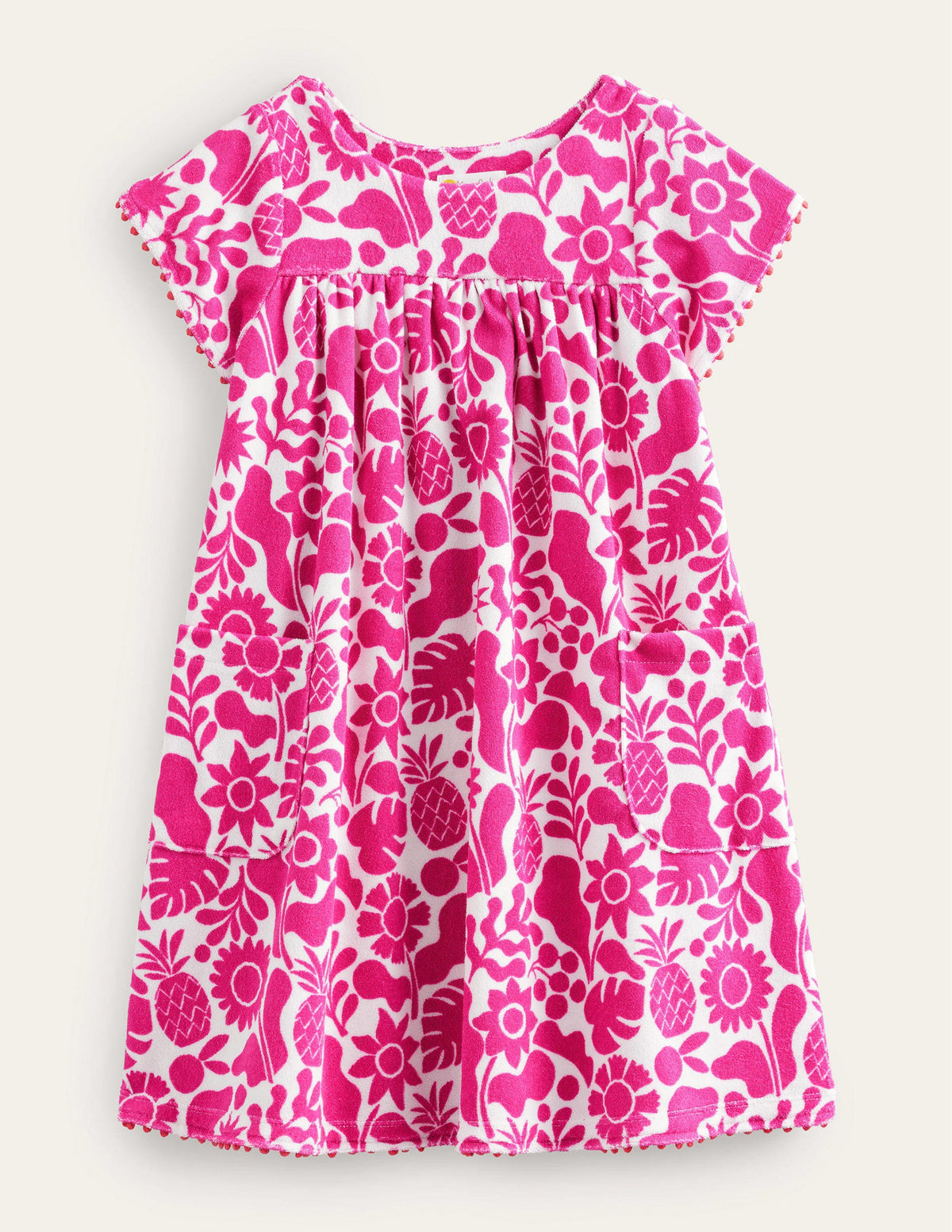 Gemustertes Frottee-Kleid-Dunkelpink, Urlaubs-Blumenmuster - Image 1