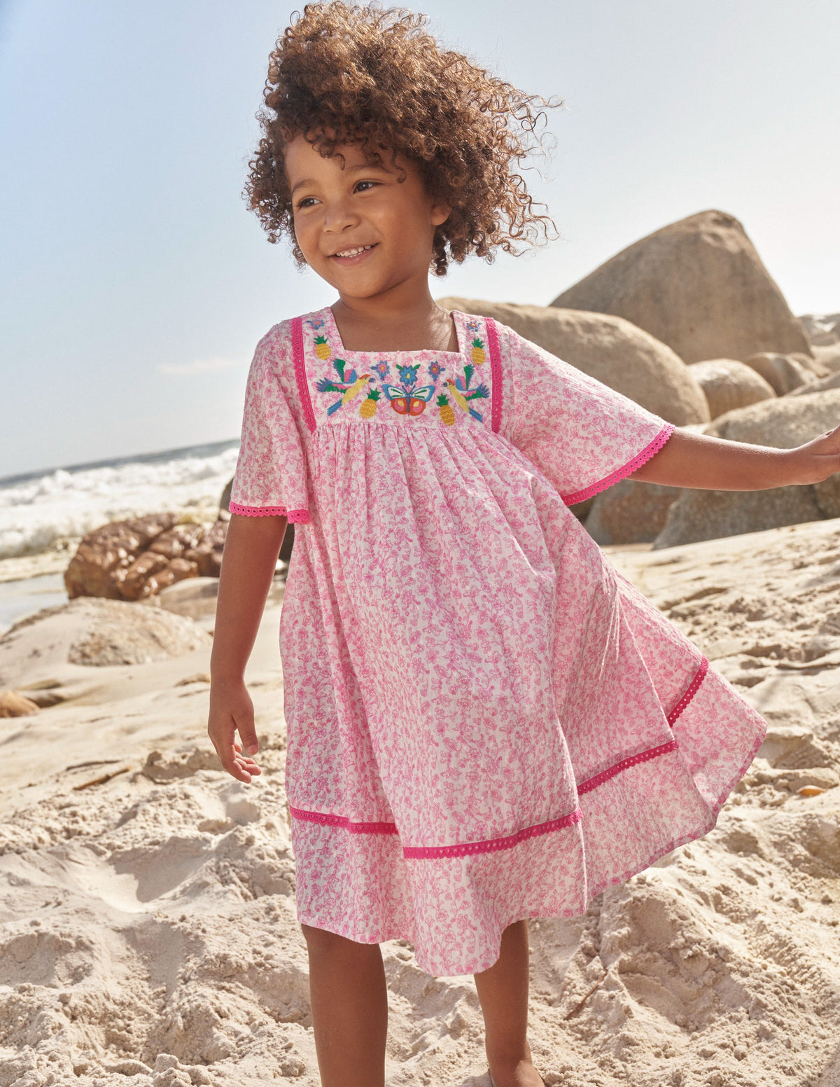 Luftiges Kleid mit Stickerei-Festivalrosa Sommer Weinrebe - Image 4