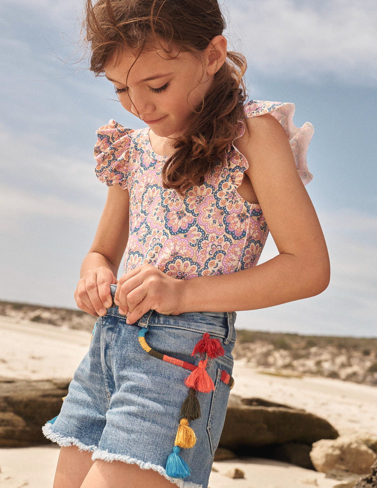 Denim-Shorts mit Quasten-Helles Vintageblau, Gewaschen - Image 4
