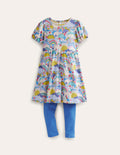 Set aus Puffärmelkleid und Leggings-Bunt Wettermotive und Blau