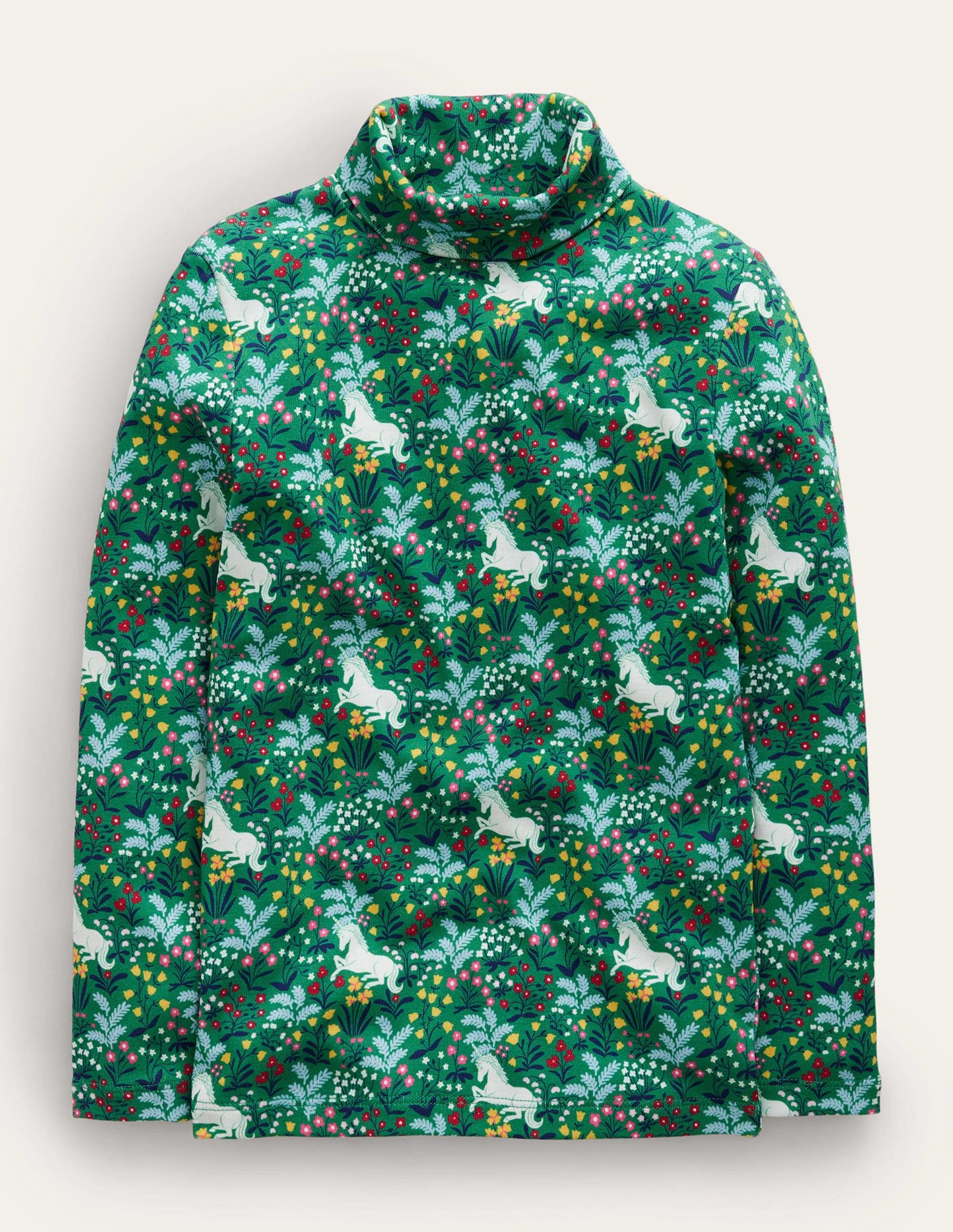 Top col roulé ultra-doux-Motif Unicorn Meadow vert profond-1