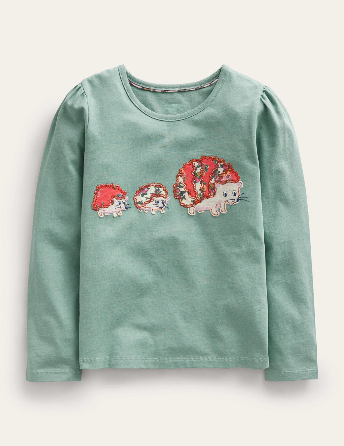 Top à manches bouffantes et appliqué-Hérisson vert fumée - Image 1
