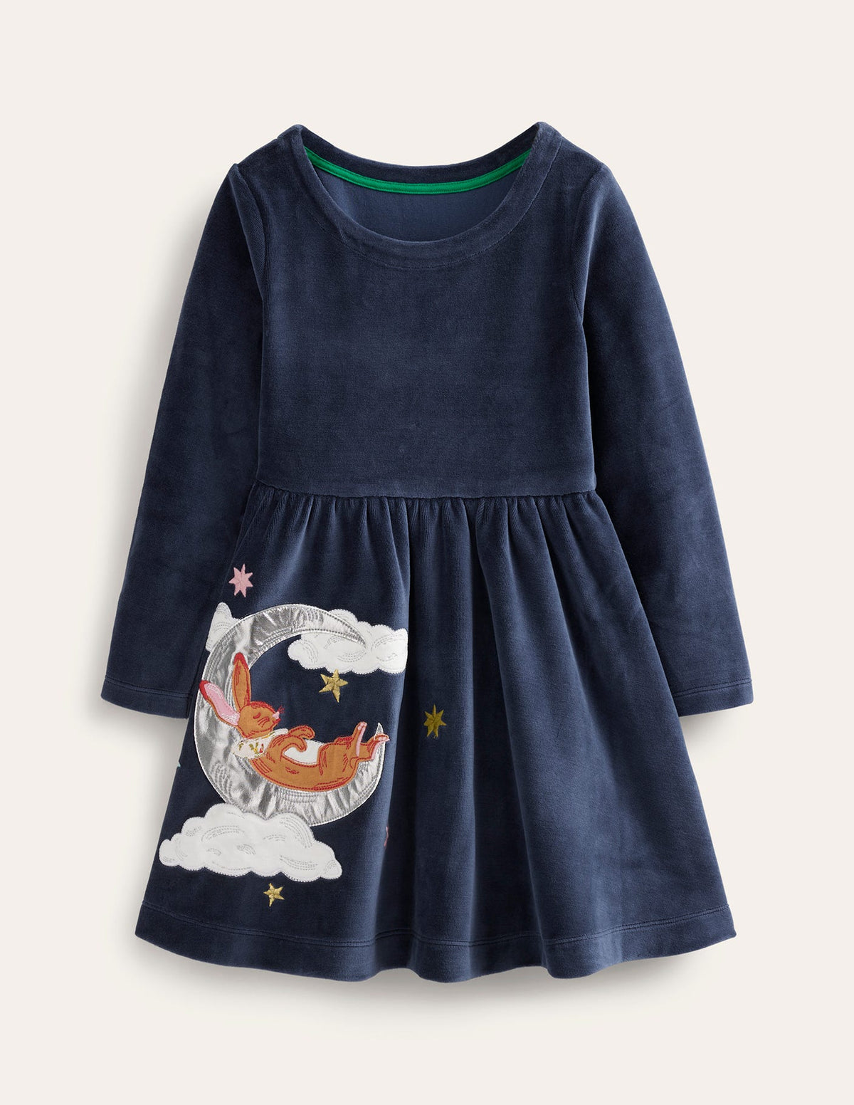 Robe tournoyante en velours à appliqué-Lapin bleu marine foncé - Image 1